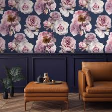 Prepasted, eco belle, smartstick®, vinyl hd Floral Bloom Rose Wallpaper In Navy Pink I Love Wallpaper