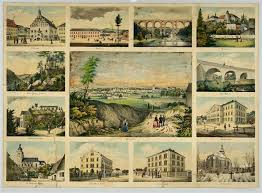 Bilderbogen Mit Einer Grosseren Stadtansicht Von Plauen Im Vogtland In Sachsen Und Zwolf Kleineren Ansichten Mit Gebauden Von Und Rund Um Schleiz Bilder Gebaude