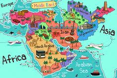 Middle East Countries Map In Cartoon Style Country Maps Middle East Map Illustrated Map