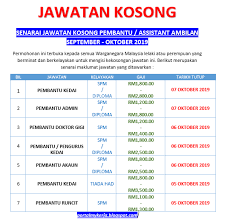 Terdapat banyak jabatan kerajaan dan syarikat besar menawarkan ratusan jawatan kosong terkini kepada warganegara malaysia yang masih mencari kerjaya. Hebahan Umum Senarai Jawatan Kosong Pembantu Assistant Ambilan September Oktober 2019 My Kerja