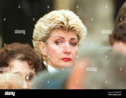 A last tearful look back for friend and fellow entertainer Faith Brown at  the funeral of Marti Caine Stock Photo