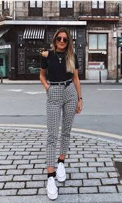 Cute Black And Brown Outfits Love This Black And White Outfit Gingham Pants With Cute Black Cold Shoulder Top Trending Outfits Unique Outfits Cool Outfits