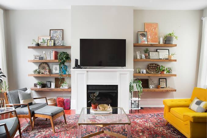 Floating shelves maximize vertical real estate while providing an elegant display for decor., AI generated
