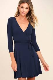 Twirl Worthy Navy Blue Wrap Dress In 2020 Wrap Dress Dresses Three Quarter Sleeve Dresses