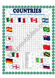 word search countries and number the pictures esl worksheet by lupiscasu