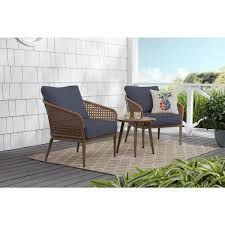 Hampton Bay Coral Vista 3 Piece Brown Wicker Outdoor Patio Bistro Set With Cushionguard Sky Blue Cushions In 2020 Blue Cushions Bistro Set Resin Wicker Patio Furniture
