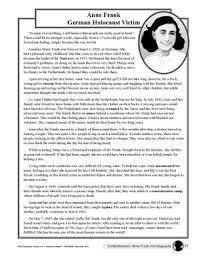 Passage And Worksheet Anne Frank Anne Frank Reading Passages 7th Grade Reading