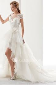 Exquisite Bateau Short Sleeve High Low Wedding Dress With Tiers And Draping Wedding Dresses High Low Country Wedding Dresses Bridal Gowns