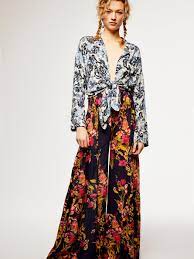 Free People Fp One Aloha Printed Wide Leg Trousers In Navy Floral Red Lyst