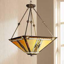 Mission craftsman style lighting arts crafts era. Walnut Mission Tiffany Style Antique Brass Pendant Chandelier Light Fixture 17 Wide Hand Cut Stained Art Glass For Dining Room House Foyer Entryway Kitchen Bedroom Living Room Robert Louis Tiffany Buy