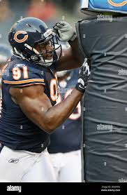 Chicago Bears defensive tackle Amobi Okoye (91) is seen during warm-ups  before an NFL preseason football game against the Cleveland Browns in  Chicago, Thursday, Sept. 1, 2011. (AP Photo/Nam Y. Huh Stock