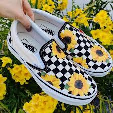 Black And White Checkered Vans With Sunflowers Sunflower Checker Slip On Vans Shoes Fashion Vans Slip On Shoes Custom Vans Shoes