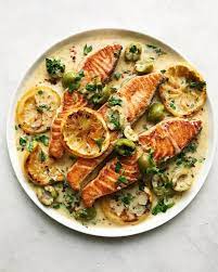Lucia Lee On Instagram Pan Seared Salmon With Roasted Lemon In A Shallot Castelvetrano Olive Caper Creme Fraiche Sauce Beef Recipes Easy Pan Seared Salmon