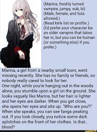 Marina, freshly turned vampire, jumpy, sub, bi) (Male, female, and futa  allowed.) (Read kink list on