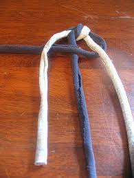The rug begins with one single braid that your keep adding to, working your way from the middle of the rug out. How To Make A No Sew Rag Rug