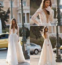 Discount 2020 Berta Gorgeous Sheer Deep V Neck Wedding Dresses Lace 3d Floral Appliques Long Sleeves Backless Beach Bridal Gowns Vestido De Novia Cheap Wedding Backless Wedding Dress Online Wedding