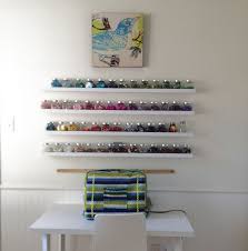 My Craft Room Rajtan Spice Jars From Ikea Work Great For Beads Ribba Picture Ledges Hold These Perfectly White Wa Ikea Spice Jars Sewing Desk Bead Storage