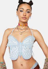 Festival Butterfly Denim Crop Top - Light blue – Dolls Kill