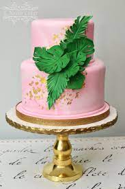 Pink Gold Leaf With Palm Leaves Cake For Baby Shower By K Noelle Cakes Tropical Birthday Cake Baby Shower Cakes Girl Dinosaur Birthday Cakes