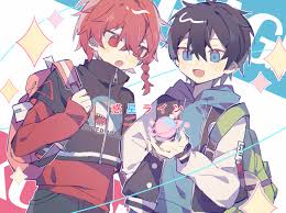 sen (5710265), isagi yoichi, kurona ranze, blue lock, 2boys, :d, :o,  backpack, bag, black hair, black jacket, blue eyes, blue hoodie, blush,  braid, cropped jacket, diamond (shape), drawstring, hair between eyes, high