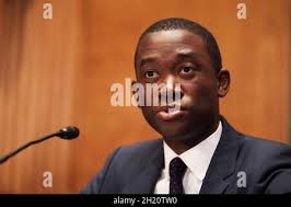 Deputy Treasury Secretary Wally Adeyemo speaks during an interview in his  office at the Treasury Department in Washington, Tuesday, April 12, 2022.  (AP Photo/Andrew Harnik Stock Photo