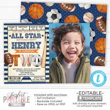 Sports Birthday Invitation, TWO 2nd Birthday Party Invitation, Sports  Ticket Invite, Sports Photo Picture Invitation, Editable Template 947