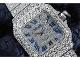 Cartier tank solo ladies watch 18k yellow gold case 18 x 18mm. Cartier Santos De Cartier Large Model Wssa0018 Custom Diamond Stainless Steel Watch Pave Blue Roman Numeral Dial Buy At Truefacet