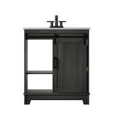 Sears carries stylish bathroom vanities for your next remodeling project. Twin Star Home 30 In D X 18 In W X 34 In Barn Door Bath Vanity In Geneva Oak W Vanity Top In White And White Basin 30bv34004 Po130 The Home Depot