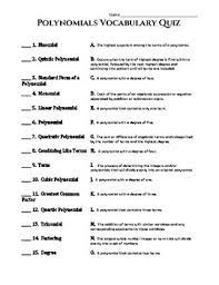 Polynomials Vocabulary Worksheet And Quiz Printable And Digital