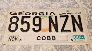 Georgia On My Mind Peach License Plate 859 Nzn Ga State Tag Cobb 2000 Nov License Plate Georgia On My Mind Cobb