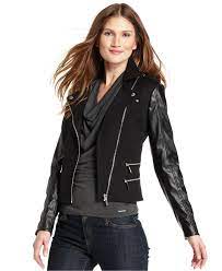 Michael Michael Kors Jacket Faux Leather Sleeve Moto Jackets Blazers Women Macy S Blazer Jackets For Women Michael Kors Jackets Jackets