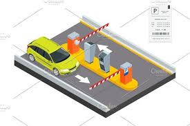 Isometric Parking Payment Station Access Control Concept Parking Ticket Machines And Barrier Gate Arm Operators Are Installed At The Entrance And Exit Of Park Parking Solutions Isometric Access Control