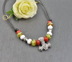 Thors Hammer Glass Bead Necklace Sterling Silver