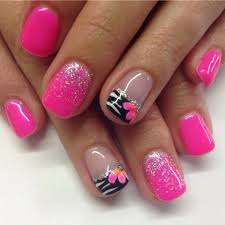 Acrylic Hot Pink And Black Nail Designs Hot Pink Gel Nails With Fading Glitters And Zebra Design Pink Black Nails Pink Gel Nails Short Nail Designs