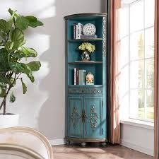 Victorian mahogany antique glazed corner display cabinet. Adame Vintage Rustic Tall Corner Cabinet Curio Antique Carved Wood Corner Cabinet Storage With Drawer Shelf In Blue