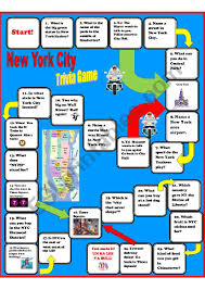This city is majorly known as the cultural, financial, and media capital of the world, including entertainment, research, technology, tourism, art, fashion, sports, and the center for international diplomacy. New York Trivia Board Game Esl Worksheet By Estherlee76