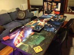 Table In Game Room Set Up For Mtg With Playmats Dice Coasters Etc Game Room Room Set Table