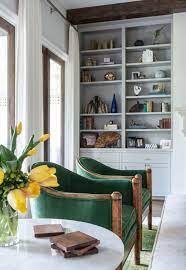 Emerald Green Accent Chairs Gray Built Ins Wood Frame Doors Laura U Living Room Green Emerald Green Living Room Green Living Room Decor