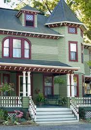 Pale Medium Greens Burgundy White Trims With Dark Dreen Doo Exterior House Paint Color Combinations Exterior Paint Colors For House Victorian House Colors