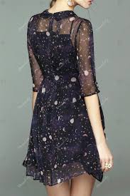 Collared Sheer Dress With Star Print Purplish Blue M Fashion Constellation Dress Sheer Dress