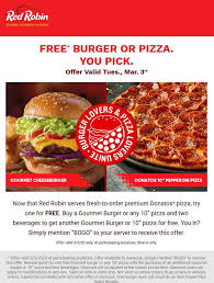 Pinned March 3rd Second Burger Or Pizza Free Today At Red Robin Thecouponsapp In 2020 Red Robin Gourmet Burgers Red Robin Coupons Pizza One