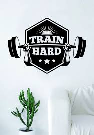 Train Hard Quote Fitness Health Work Out Gym Decal Sticker Wall Vinyl Art Wall Room Decor Weights Dumbbell Motivation Inspirational Train Hard Quotes Walls Room Vinyl Wall Art