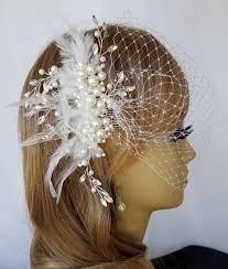 IVORY FEATHER Pearl and Rhinestone Bridal Headpiece With or Without  Birdcage Veil, Other Feather Colors Available