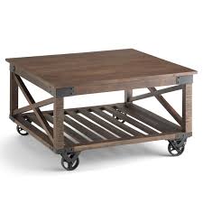 Beige medium square wood coffee table with nailhead trim. Simpli Home Harding Solid Mango Wood Square Coffee Table Distressed Dark Brown Axchar 02