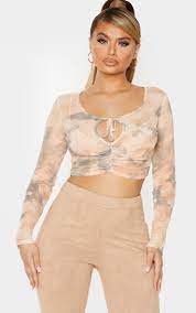 Gray Marble Print Ruched Mesh Crop Top Prettylittlething Il