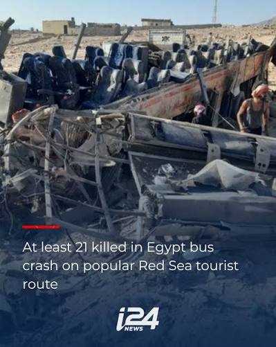 At least 21 people were killed and dozens injured when a bus overturned on the road between the Red Sea towns of Dahab and Nuweiba in Egypt's South Sinai governorate early Wednesday,
