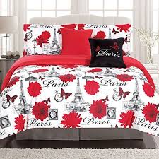 This bedroom collection has notes of cottage style with updated design elements. Bright Red Black And White 5 Piece Full Queen Paris Theme Comforter Set Paris Themed Bedroom Paris Bedding Paris Comforter