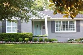 Gray House With Dark Gray Shutters And Blue Door New Exterior Ranch House Exterior Painted Brick House Cape House Exterior
