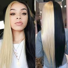 Blonde highlights and dark brown undertones. Amazon Com Uniyou Silky Half Blonde And Half Black Wigs 28 Inches Middle Part Long Straight Hair Wigs Premium Heat Resistant Synthetic Wig For Women Daily Wearing Halloween Costume Parties Beauty