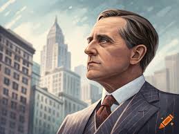 Illustration of a man in a pinstripe suit looking up at a city skyline